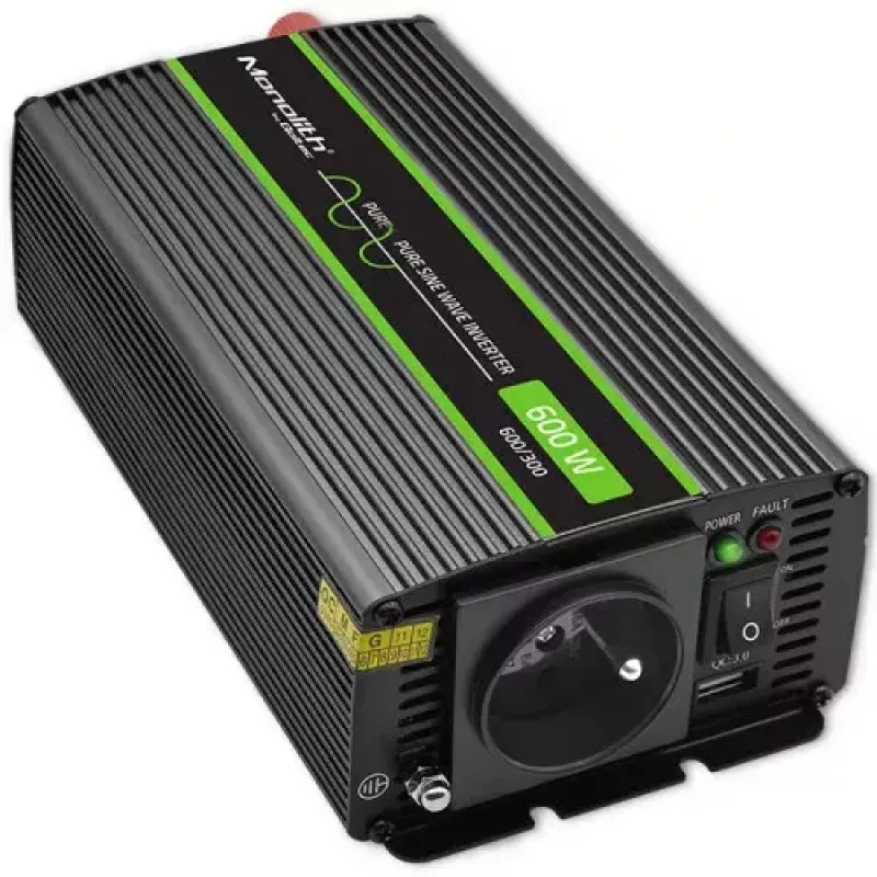 Strāvas invertors QOLTEC Monolith 600 W — 12 V uz 230 V, USB PD 18 W, auto/telpām, melns