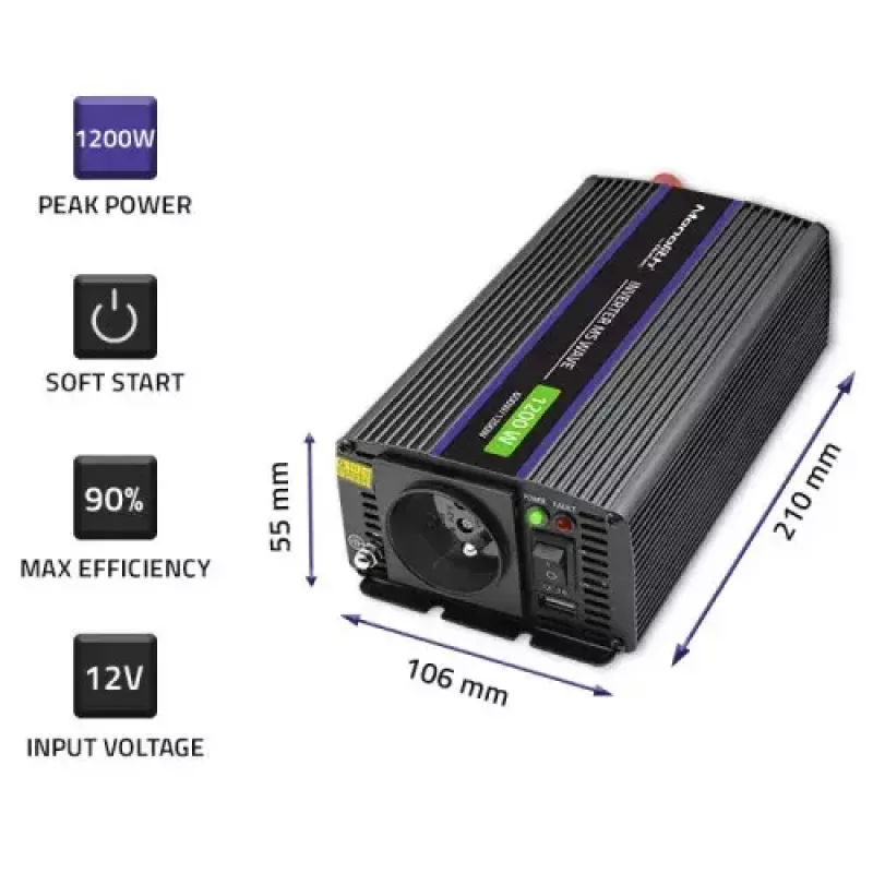 Strāvas invertors QOLTEC Monolith 600 W — 12 V uz 230 V, USB PD 18 W, auto/telpām, melns