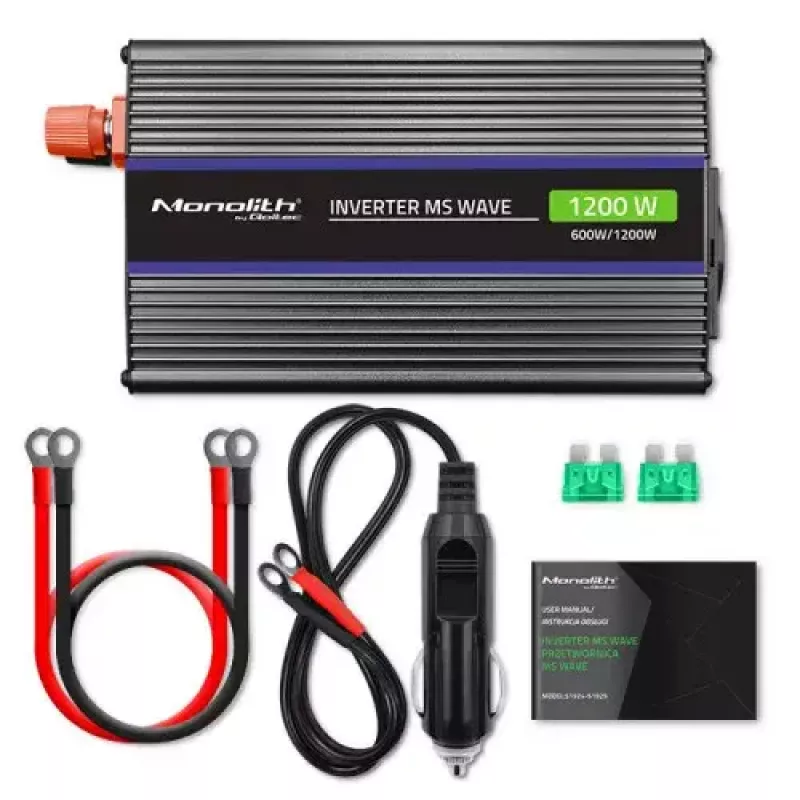 Strāvas invertors QOLTEC Monolith 600 W — 12 V uz 230 V, USB PD 18 W, auto/telpām, melns