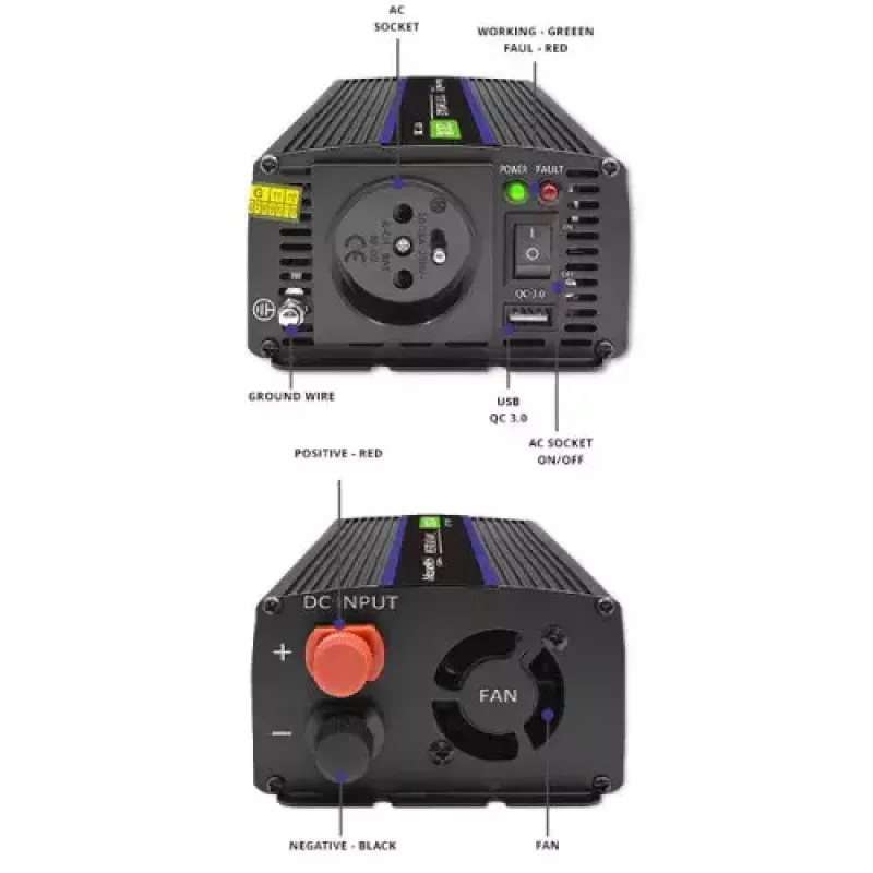 Strāvas invertors QOLTEC Monolith 600 W — 12 V uz 230 V, USB PD 18 W, auto/telpām, melns