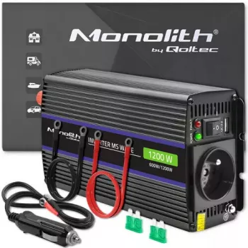 Strāvas invertors QOLTEC Monolith 600 W — 12 V uz 230 V, USB PD 18 W, auto/telpām, melns
