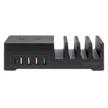 Manhattan uzlādes stacija ar bezvadu uzlādes paliktni (noņemams), 1x bezvadu, 1x USB-C un 4x USB-A porti, Bezvadu izeja: 2A, USB-C izeja: 3A, USB-A izejas: 1x 3A un 3x 2.4A max, Kabelis 1m, Melns (Strāvas kabelis: Euro 2-kontaktu spraudnis uz C7 8-figūras