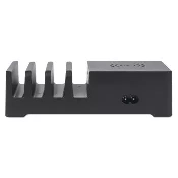 Manhattan uzlādes stacija ar bezvadu uzlādes paliktni (noņemams), 1x bezvadu, 1x USB-C un 4x USB-A porti, Bezvadu izeja: 2A, USB-C izeja: 3A, USB-A izejas: 1x 3A un 3x 2.4A max, Kabelis 1m, Melns (Strāvas kabelis: Euro 2-kontaktu spraudnis uz C7 8-figūras