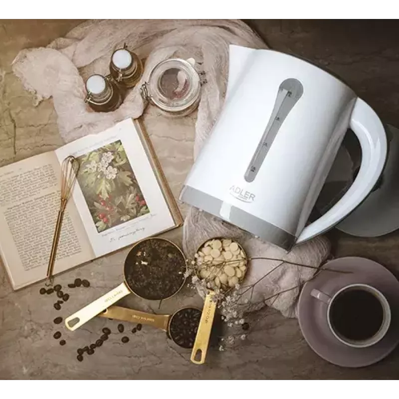 Elektriskā tējkanna Adler AD 1244 — 2,5 L, 2200 W, balta, slēptais sildelements