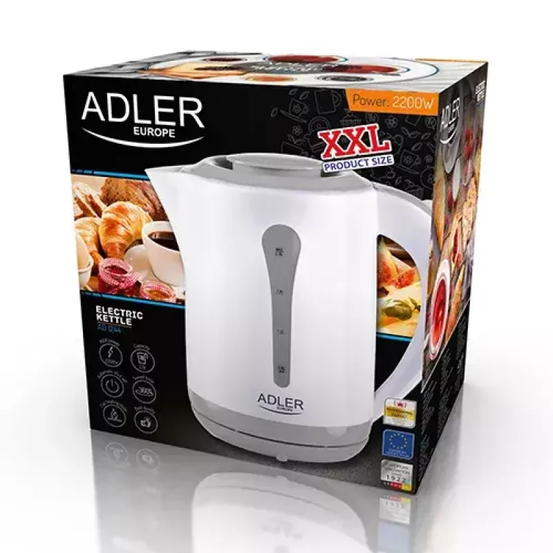 Elektriskā tējkanna Adler AD 1244 — 2,5 L, 2200 W, balta, slēptais sildelements