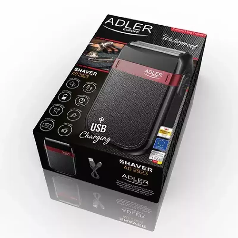 Skūšanās aparāts ar foliju Adler AD 2923 — vīriešu folijskuveklis, 2 asmeņi, slapjā/sausā skūšana, 45 min akumulators, slīdņa vadība, melns