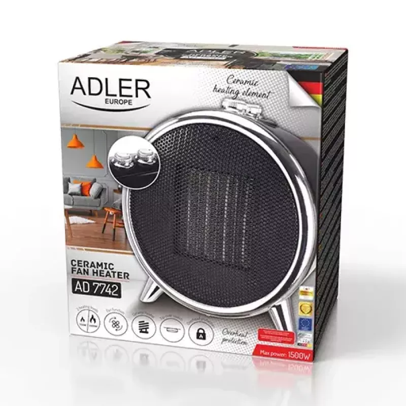 Keramiskais elektriskais sildītājs Adler AD 7742 — 1500/750 W, grīdas, 220–240 V, melns/sudrabs