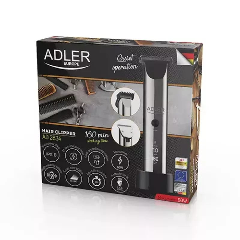 Adler AD 2834 matu griešanas mašīnīte, no 3 mm līdz 1,2 cm, 4 uzgaļi, LCD, sudraba krāsā