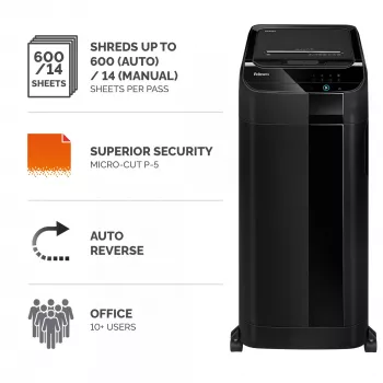 Fellowes AutoMax 600M papīra smalcinātājs, mikrošķiedru griešana, 60 dB, 23 cm, melns