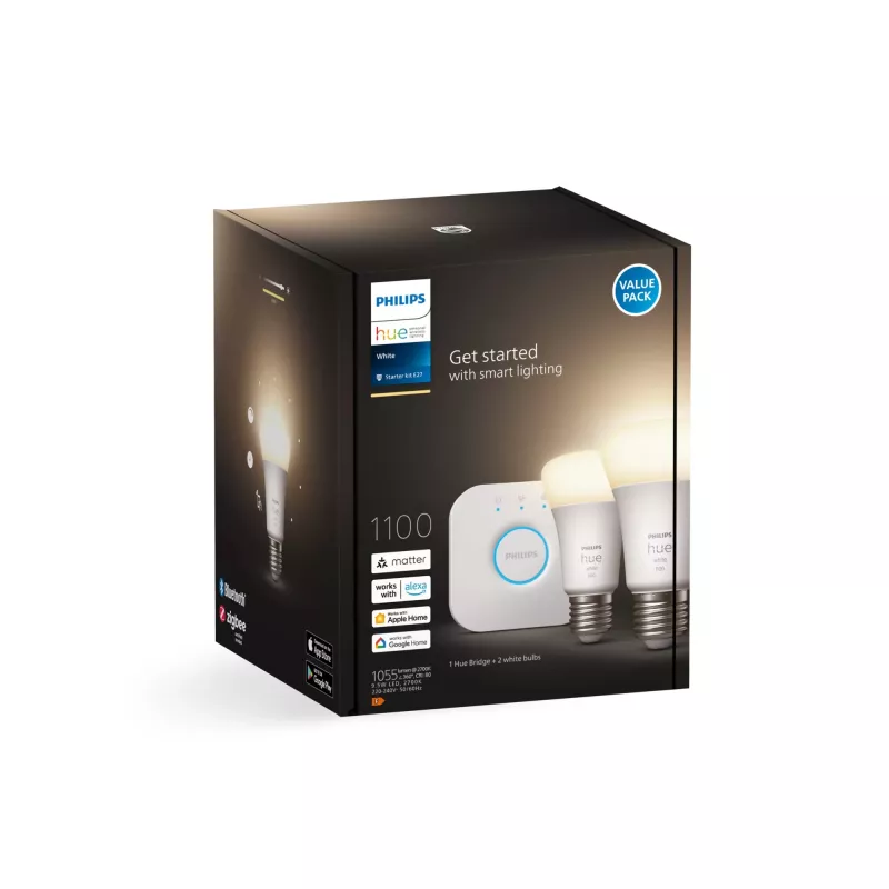 Philips Hue White Starter komplekts: 2 E27 viedās spuldzes (1100 lm), Bluetooth/Zigbee, balts, LED, E27, A60