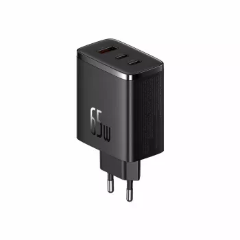Ātrais lādētājs Baseus Cube Pro 65W — 3 porti (2×USB-C, 1×USB-A), 110–240V, iekštelpu, melns, 0.154 kg