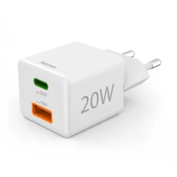 Hama 00201991 sienas lādētājs 20 W AC ātrai uzlādei, balts, 2 porti (USB-C PD + USB-A QC)