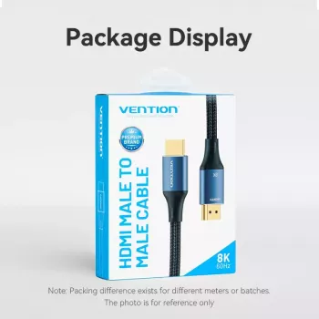 HDMI kabelis Vention 2.1 8K 2 m, pīts kokvilnas apvalks, 48 Gbit/s, 120 Hz, HDMI Type A vīriešu–vīriešu, zils