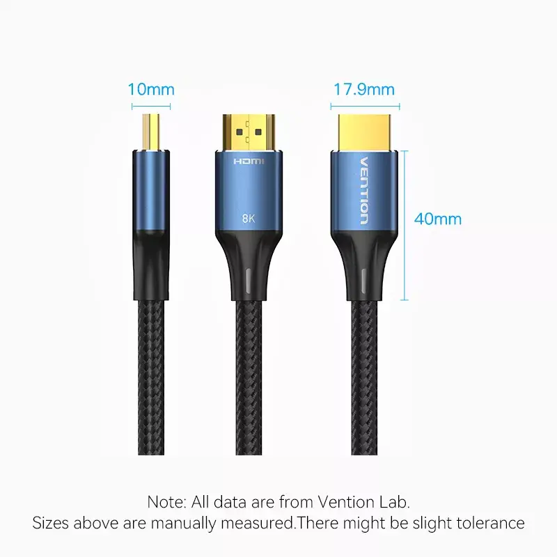 HDMI kabelis Vention 2.1 8K 2 m, pīts kokvilnas apvalks, 48 Gbit/s, 120 Hz, HDMI Type A vīriešu–vīriešu, zils