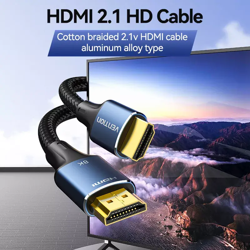HDMI kabelis Vention 2.1 8K 2 m, pīts kokvilnas apvalks, 48 Gbit/s, 120 Hz, HDMI Type A vīriešu–vīriešu, zils