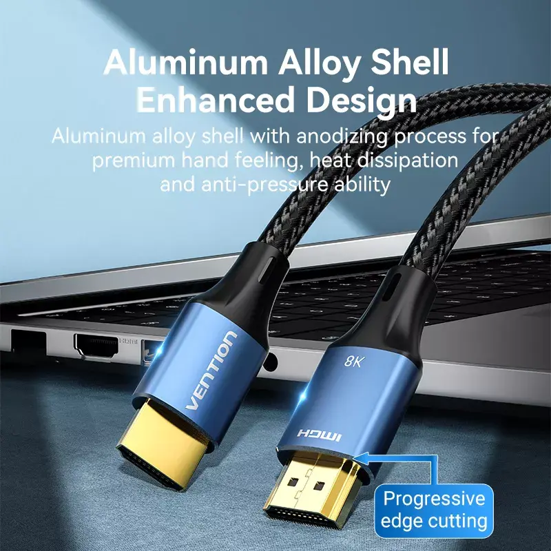 HDMI kabelis Vention 2.1 8K 2 m, pīts kokvilnas apvalks, 48 Gbit/s, 120 Hz, HDMI Type A vīriešu–vīriešu, zils
