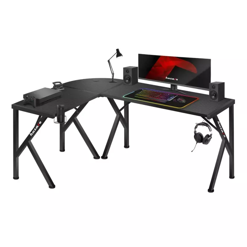 Stūra spēļu galds Huzaro Hero 6.3 Melns L-veida oglekļa šķiedras virsma 1540×1170×740 mm