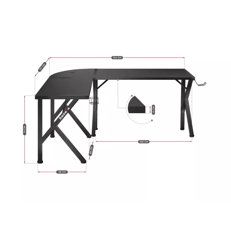 Stūra spēļu galds Huzaro Hero 6.3 Melns L-veida oglekļa šķiedras virsma 1540×1170×740 mm