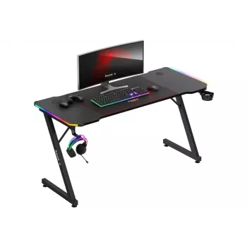 Gaming galds huzaro Hero 3.3 RGB — melns taisns galda virsmas 1400x600 mm, LED apgaismojums, krūzes turētājs, austiņu āķis