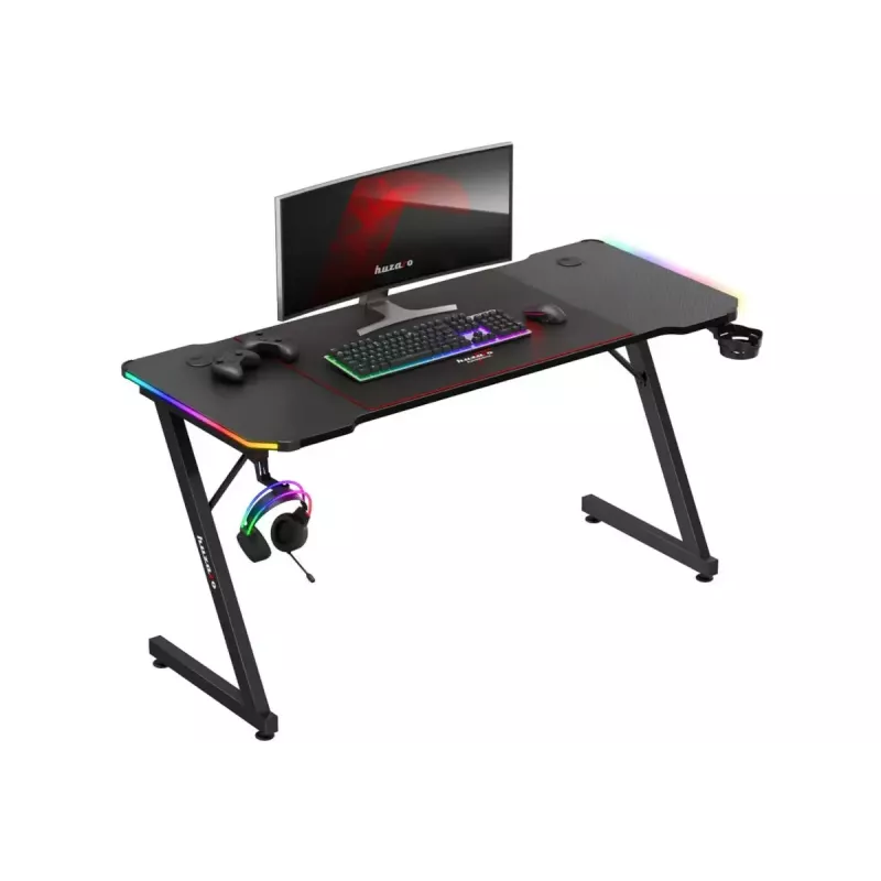 Gaming galds huzaro Hero 3.3 RGB — melns taisns galda virsmas 1400x600 mm, LED apgaismojums, krūzes turētājs, austiņu āķis