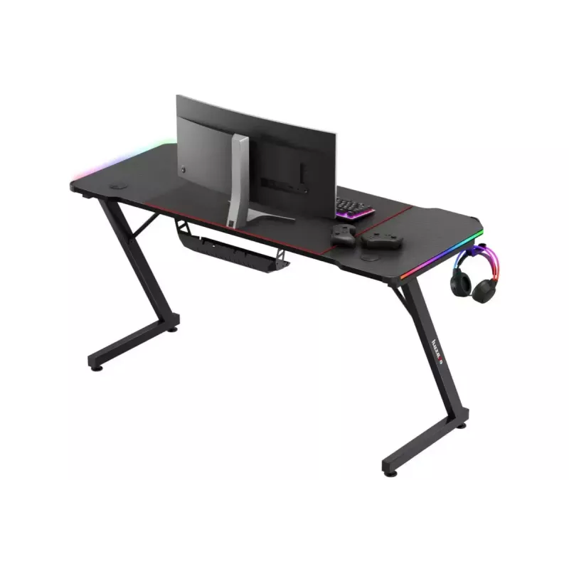 Gaming galds huzaro Hero 3.3 RGB — melns taisns galda virsmas 1400x600 mm, LED apgaismojums, krūzes turētājs, austiņu āķis