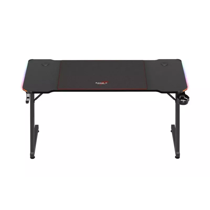 Gaming galds huzaro Hero 3.3 RGB — melns taisns galda virsmas 1400x600 mm, LED apgaismojums, krūzes turētājs, austiņu āķis
