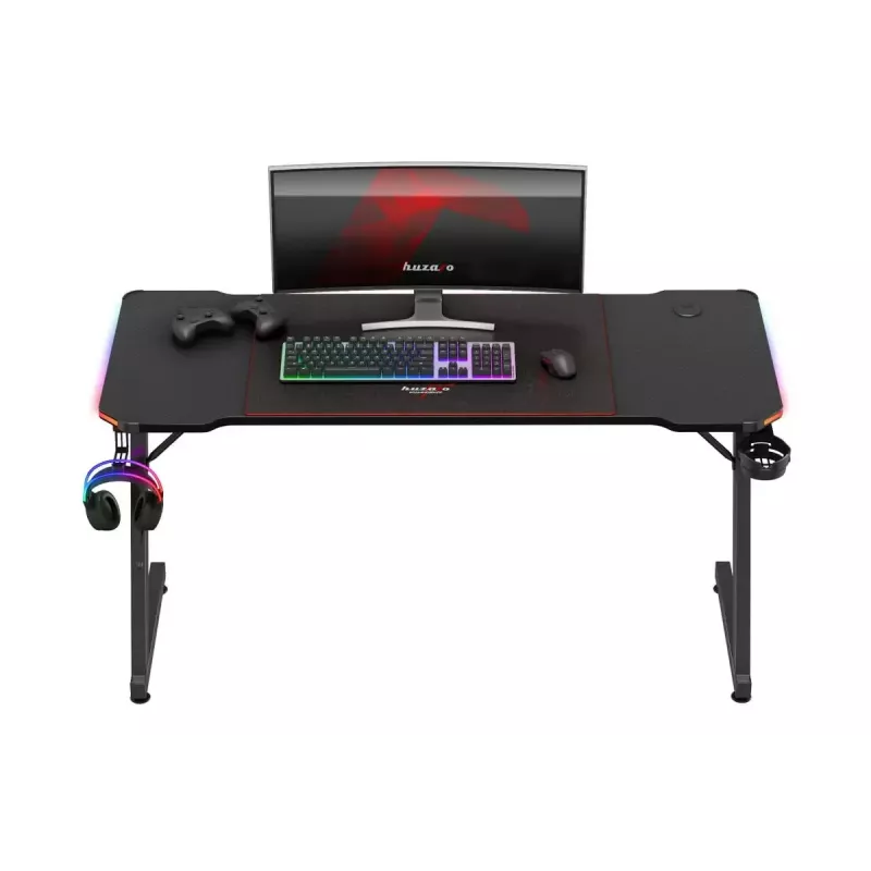 Gaming galds huzaro Hero 3.3 RGB — melns taisns galda virsmas 1400x600 mm, LED apgaismojums, krūzes turētājs, austiņu āķis