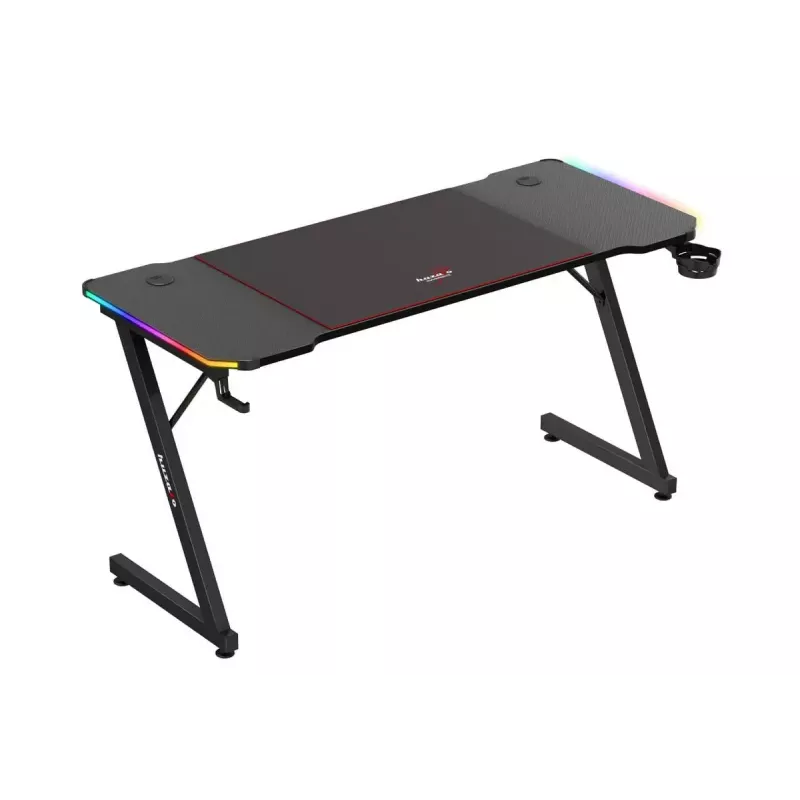 Gaming galds huzaro Hero 3.3 RGB — melns taisns galda virsmas 1400x600 mm, LED apgaismojums, krūzes turētājs, austiņu āķis