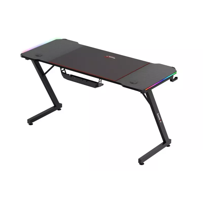 Gaming galds huzaro Hero 3.3 RGB — melns taisns galda virsmas 1400x600 mm, LED apgaismojums, krūzes turētājs, austiņu āķis