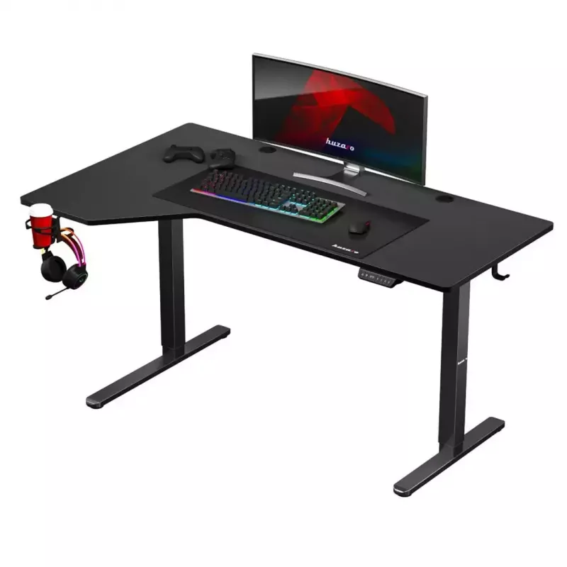 Spēļu galds huzaro Hero 9.1 Melns — L-veida MDF virsma, USB-C uzlāde, LED vadība, regulējams augstums 72–118 cm