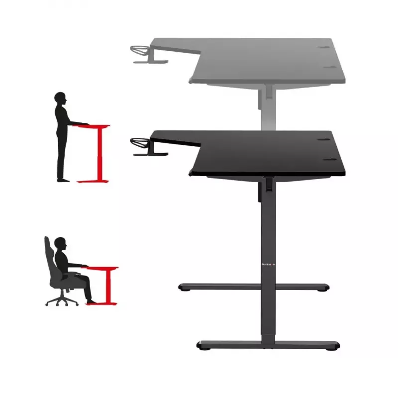 Spēļu galds huzaro Hero 9.1 Melns — L-veida MDF virsma, USB-C uzlāde, LED vadība, regulējams augstums 72–118 cm