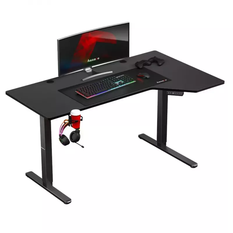 Spēļu galds huzaro Hero 9.1 Melns — L-veida MDF virsma, USB-C uzlāde, LED vadība, regulējams augstums 72–118 cm