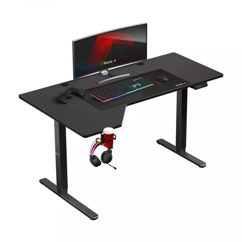 Spēļu galds huzaro Hero 9.1 Melns — L-veida MDF virsma, USB-C uzlāde, LED vadība, regulējams augstums 72–118 cm
