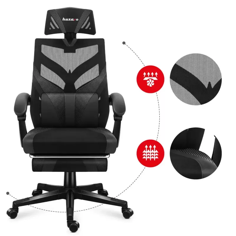 Spēļu krēsls Huzaro Combat 5.0 Mesh Seat Melns - elpojošs sieta sēdeklis, regulējams atzveltnes slīpums 90-140°, maks. slodze 140 kg, roku balsti, kāju balsts