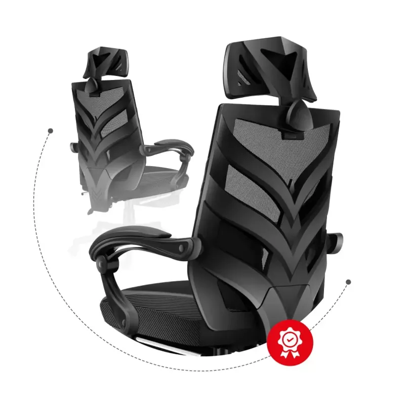 Spēļu krēsls Huzaro Combat 5.0 Mesh Seat Melns - elpojošs sieta sēdeklis, regulējams atzveltnes slīpums 90-140°, maks. slodze 140 kg, roku balsti, kāju balsts
