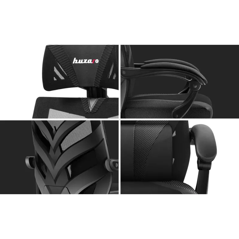 Spēļu krēsls Huzaro Combat 5.0 Mesh Seat Melns - elpojošs sieta sēdeklis, regulējams atzveltnes slīpums 90-140°, maks. slodze 140 kg, roku balsti, kāju balsts