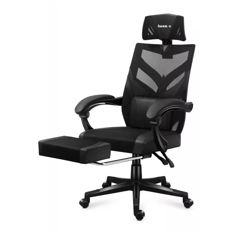 Spēļu krēsls Huzaro Combat 5.0 Mesh Seat Melns - elpojošs sieta sēdeklis, regulējams atzveltnes slīpums 90-140°, maks. slodze 140 kg, roku balsti, kāju balsts