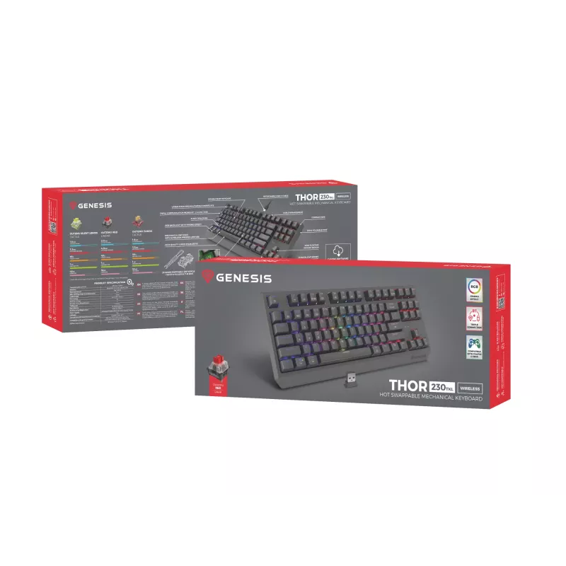 Genesis Thor 230 TKL bezvadu mehāniskā tastatūra spēlētājiem, Outemu Red, melna