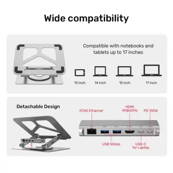 Statīvs klēpjdatoram Unitek D1109A — alumīnija regulējams statīvs ar USB-C centrmezglu, HDMI, Gigabit Ethernet (piemērots 14 collu–17 collu)