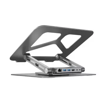 Statīvs klēpjdatoram Unitek D1109A — alumīnija regulējams statīvs ar USB-C centrmezglu, HDMI, Gigabit Ethernet (piemērots 14 collu–17 collu)