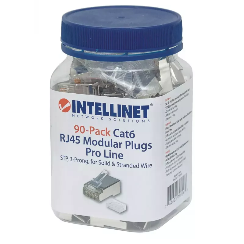 Intellinet Pro Line RJ45 modulārie spraudņi, Cat6, STP, 3-zaru, cietai un savītai stieplei, 50 µ apzeltīti kontakti, 90 gab.
