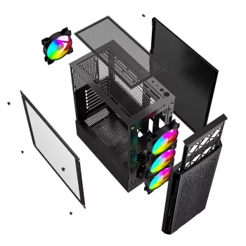 PC korpuss GEMBIRD Fornax 400X Midi Tower Melns — ATX, rūdīts stikls, RGB ventilatori, 4x 2.5 collu vietas, 2x USB 3.0