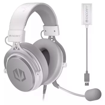 Vadu binurālās austiņas ENDORFY VIRO Plus USB Onyx White — 53 mm draiveri, 20–20000 Hz, 98 dB, 32 Ω, noņemams mikrofons, 2,9 m kabelis