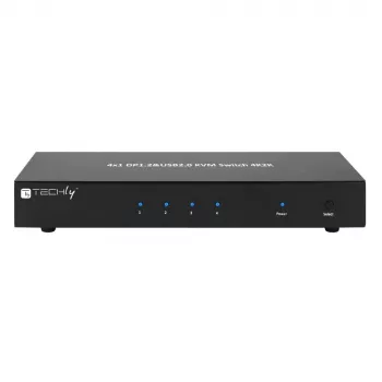 Techly IDATA-DP-KVM4 KVM slēdzis 4x1 DisplayPort, USB, audio, 4K@30Hz, melns, montāžai plauktā