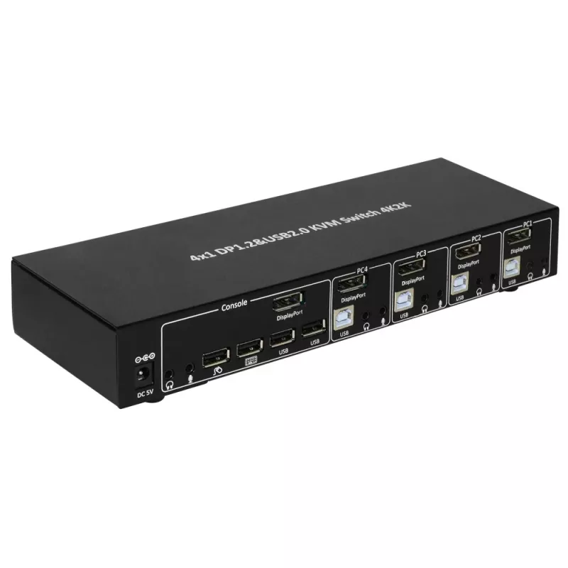 Techly IDATA-DP-KVM4 KVM slēdzis 4x1 DisplayPort, USB, audio, 4K@30Hz, melns, montāžai plauktā