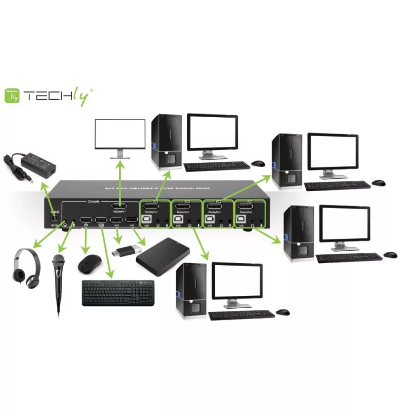 Techly IDATA-DP-KVM4 KVM slēdzis 4x1 DisplayPort, USB, audio, 4K@30Hz, melns, montāžai plauktā