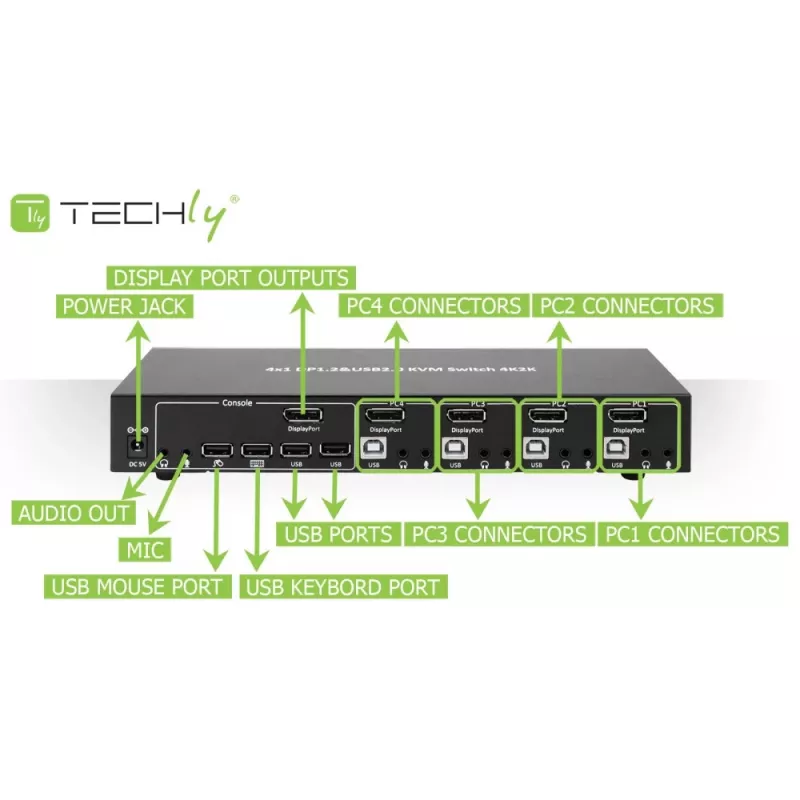 Techly IDATA-DP-KVM4 KVM slēdzis 4x1 DisplayPort, USB, audio, 4K@30Hz, melns, montāžai plauktā