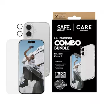 PanzerGlass 3-in-1 Combo Bundle iPhone 17 — ekrāna aizsargs, kameras lēcu aizsargs un maciņš