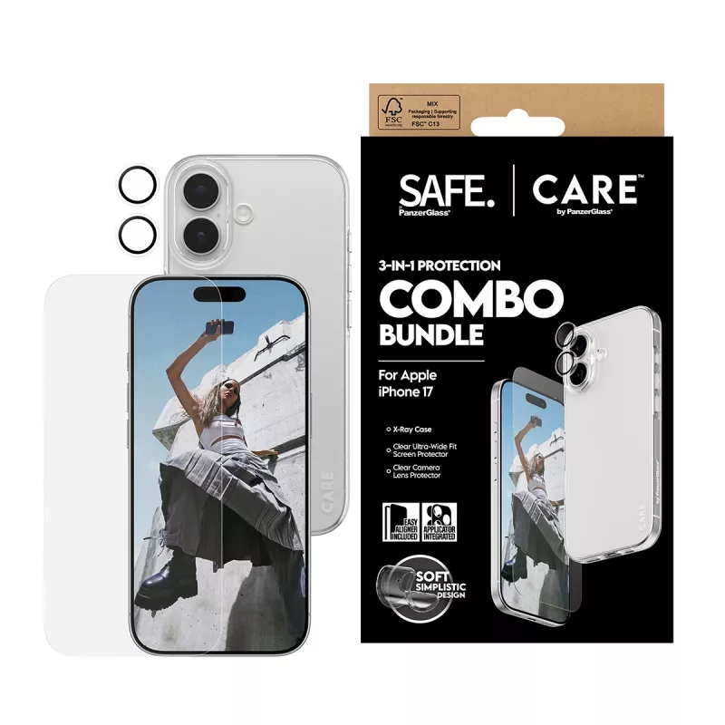 PanzerGlass 3-in-1 Combo Bundle iPhone 17 — ekrāna aizsargs, kameras lēcu aizsargs un maciņš