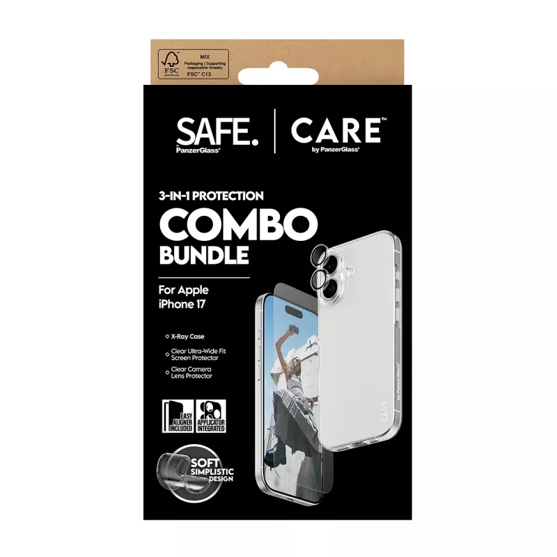 PanzerGlass 3-in-1 Combo Bundle iPhone 17 — ekrāna aizsargs, kameras lēcu aizsargs un maciņš